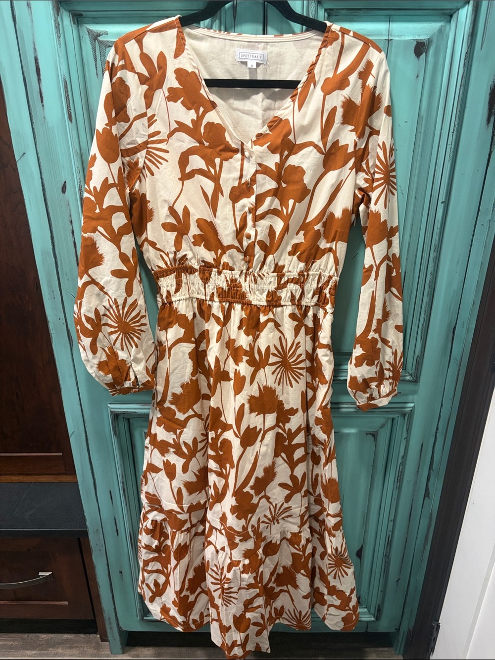 Sweet Salt Cream Dress with Burnt Orange Floral Print